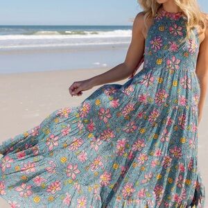 NATURAL LIFE Teal Maxi Dress with Pink & Yellow Floral Print
